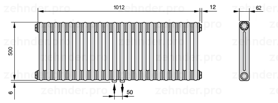 Схема (чертеж) Радиатор Zehnder Charleston 2050/22 №3470 Белый глянцевый RAL 9016